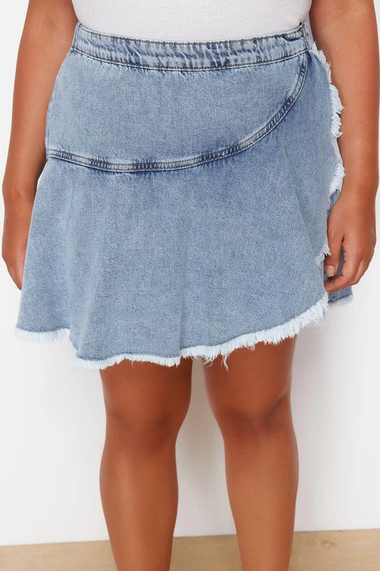 Plus Size Fashion Denim High Waist Straight Leg Casual Light Blue Flounce Detailed Mini Shorts Skirt