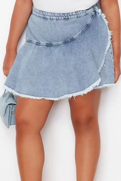 Plus Size Fashion Denim High Waist Straight Leg Casual Light Blue Flounce Detailed Mini Shorts Skirt