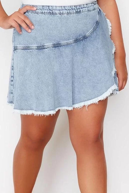 Plus Size Fashion Denim High Waist Straight Leg Casual Light Blue Flounce Detailed Mini Shorts Skirt