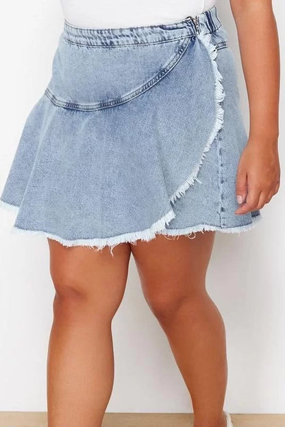 Plus Size Fashion Denim High Waist Straight Leg Casual Light Blue Flounce Detailed Mini Shorts Skirt