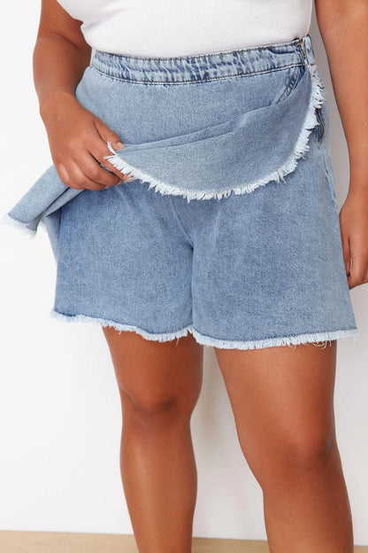 Plus Size Fashion Denim High Waist Straight Leg Casual Light Blue Flounce Detailed Mini Shorts Skirt