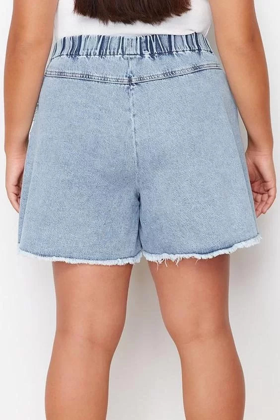 Plus Size Fashion Denim High Waist Straight Leg Casual Light Blue Flounce Detailed Mini Shorts Skirt