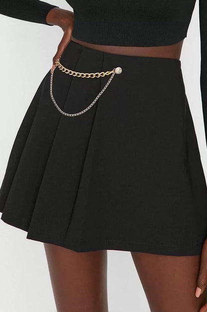 Fashion Woven High Waist Wide Leg Casual Navy Blue Chain and Pleat Detailed Woven Shorts Skirt