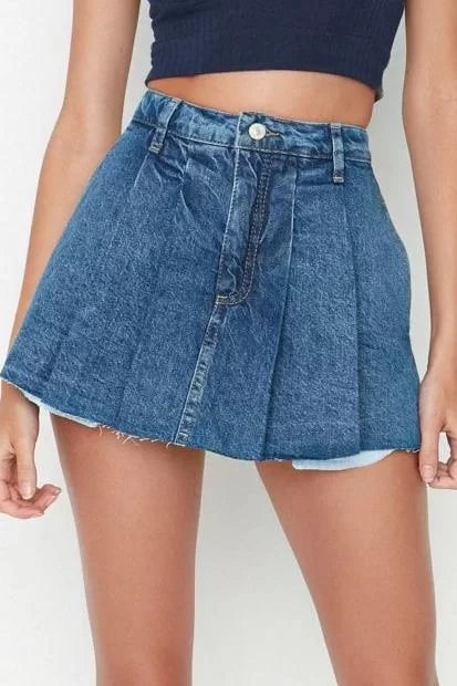 Fashion Denim Low Waist Wide Leg Casual White Pleated Normal Waist Shorts Skirt