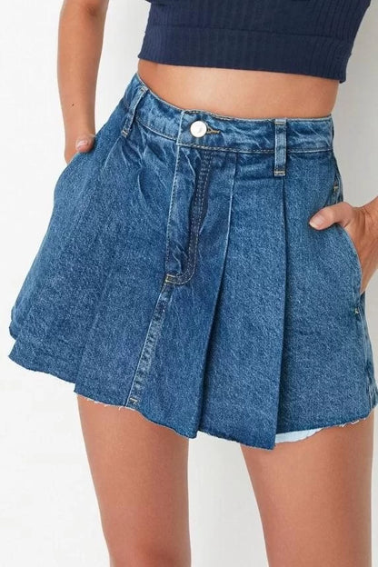 Fashion Denim Low Waist Wide Leg Casual White Pleated Normal Waist Shorts Skirt