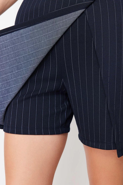 Fashion Knitted Normal Waist Straight Leg Day/Night Navy Blue Striped Mini High Waist Shorts Skirt