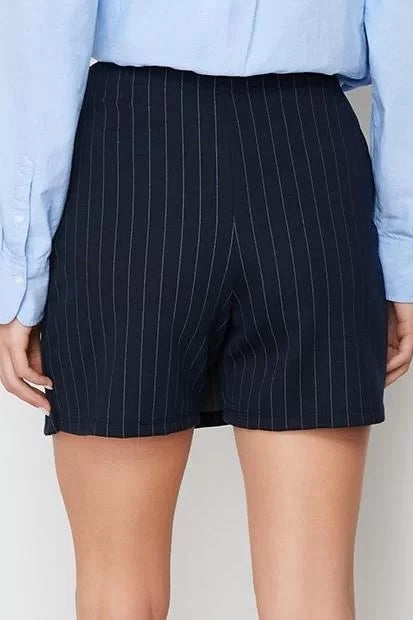 Fashion Knitted Normal Waist Straight Leg Day/Night Navy Blue Striped Mini High Waist Shorts Skirt