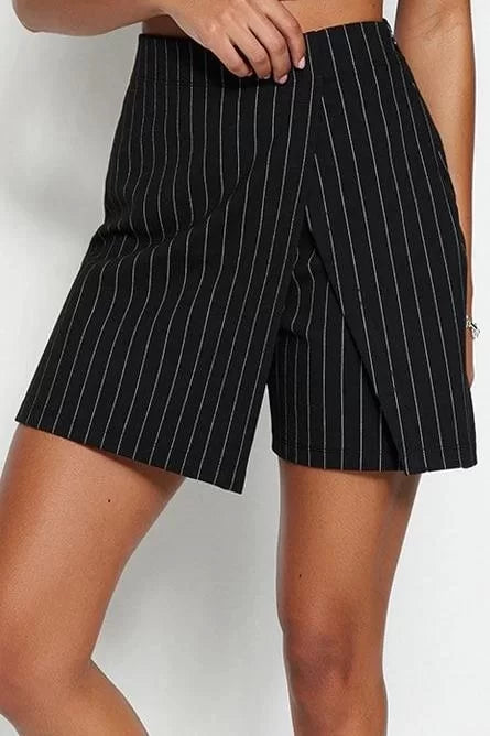 Fashion Knitted Normal Waist Straight Leg Day/Night Navy Blue Striped Mini High Waist Shorts Skirt