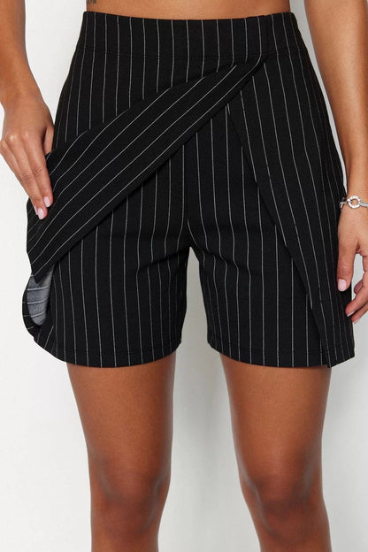 Fashion Knitted Normal Waist Straight Leg Day/Night Navy Blue Striped Mini High Waist Shorts Skirt