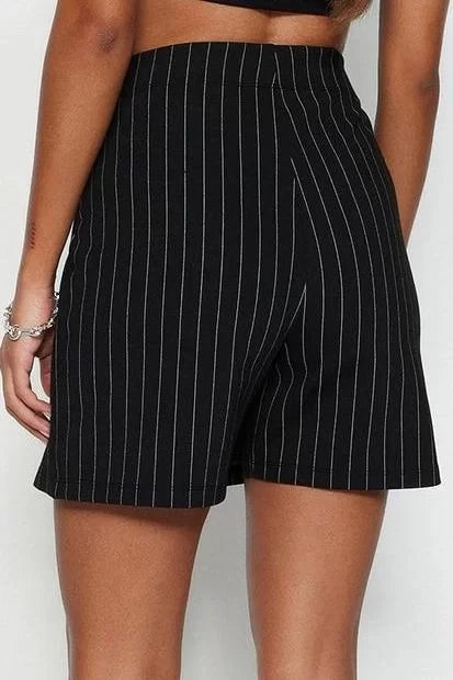 Fashion Knitted Normal Waist Straight Leg Day/Night Navy Blue Striped Mini High Waist Shorts Skirt