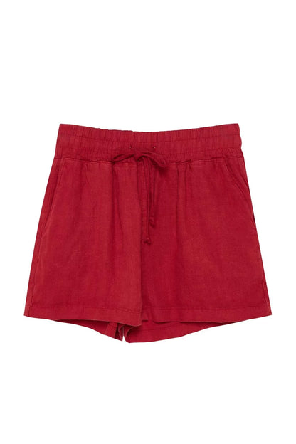 Fashion Woven High Waist Wide Leg Casual Red 100% Linen Elastic Waist High Waist Shorts