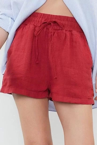 Fashion Woven High Waist Wide Leg Casual Red 100% Linen Elastic Waist High Waist Shorts