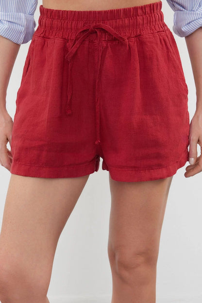 Fashion Woven High Waist Wide Leg Casual Red 100% Linen Elastic Waist High Waist Shorts