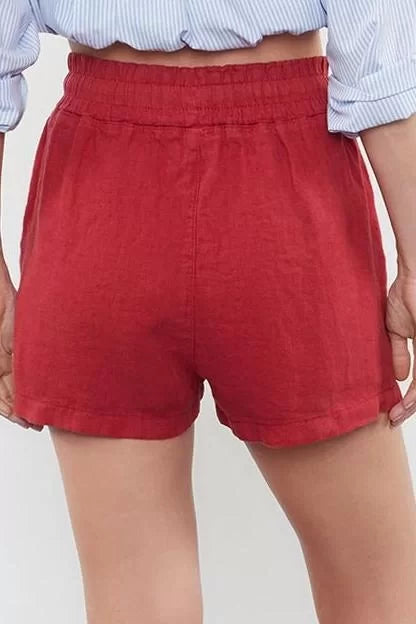 Fashion Woven High Waist Wide Leg Casual Red 100% Linen Elastic Waist High Waist Shorts