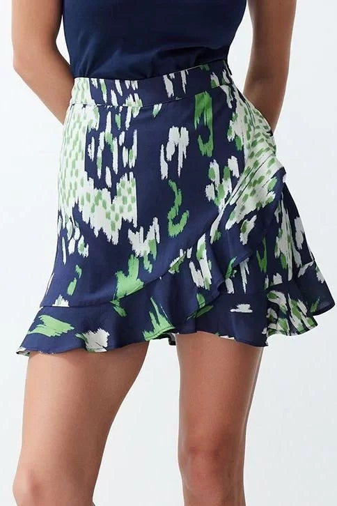 Fashion Woven High Waist Straight Leg Casual Batik Patterned Frilled Viscose Woven Shorts Skirt