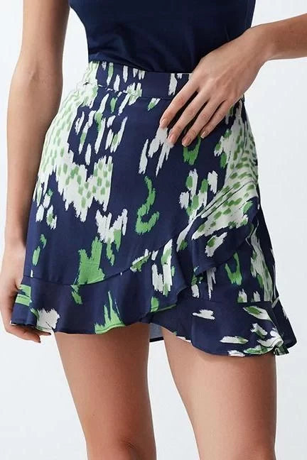 Fashion Woven High Waist Straight Leg Casual Batik Patterned Frilled Viscose Woven Shorts Skirt