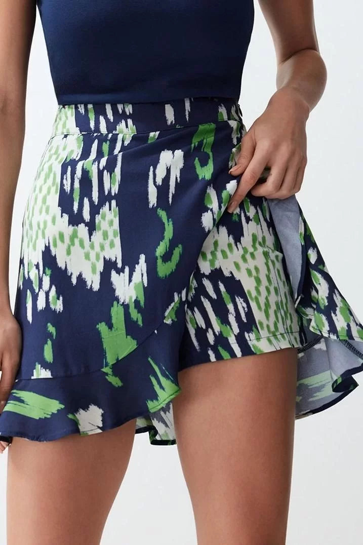 Fashion Woven High Waist Straight Leg Casual Batik Patterned Frilled Viscose Woven Shorts Skirt