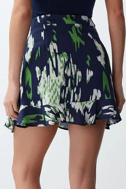 Fashion Woven High Waist Straight Leg Casual Batik Patterned Frilled Viscose Woven Shorts Skirt