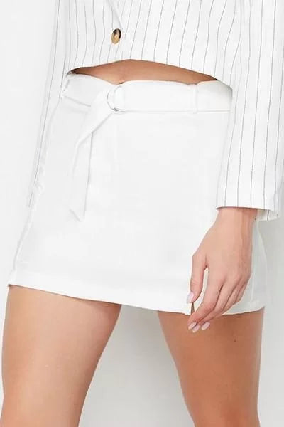 Fashion Woven High Waist Skinny Leg Stylish Beige Slit Detail Belted Mini Length Woven Shorts