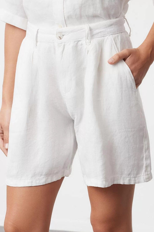 Fashion Denim High Waist Wide Leg Casual White 100% Linen Pleated High Waist Shorts