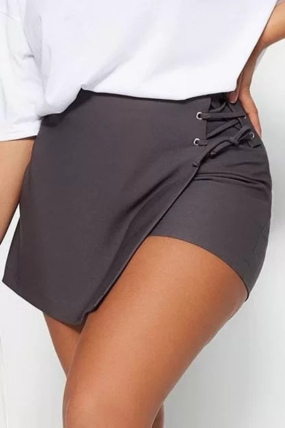 Plus Size Fashion Woven Normal Waist Straight Leg Casual Gray Tied Shorts Skirt