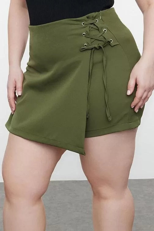 Plus Size Fashion Woven Normal Waist Straight Leg Casual Gray Tied Shorts Skirt