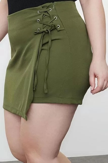 Plus Size Fashion Woven Normal Waist Straight Leg Casual Gray Tied Shorts Skirt