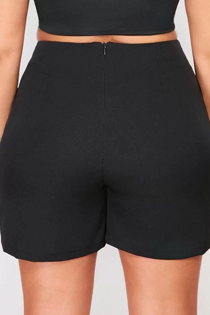 Plus Size Fashion Woven High Waist Wide Leg Casual Black Pocket Detailed Woven Shorts Skirt