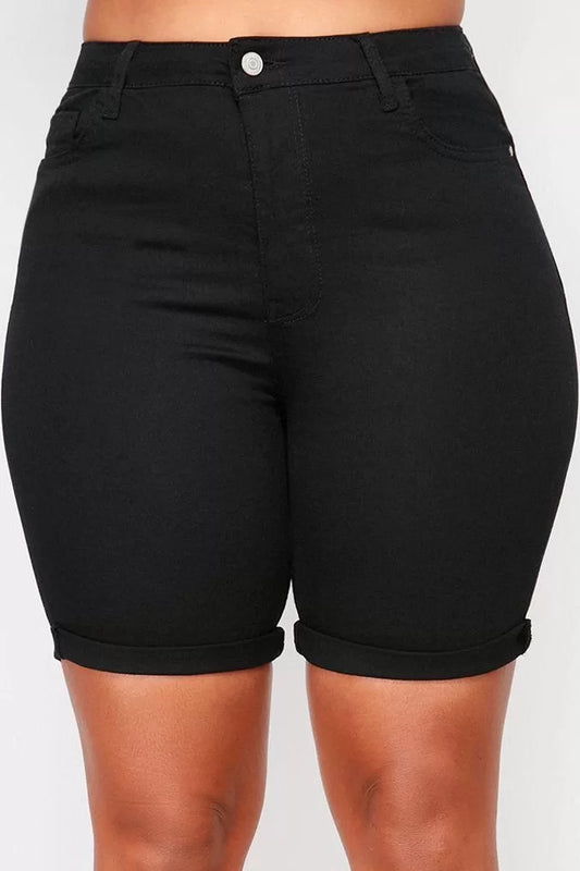 Plus Size Fashion Denim High Waist Skinny Leg Casual Black Non-fading Flexible Skinny Shorts