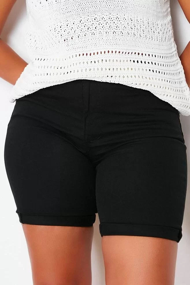 Plus Size Fashion Denim High Waist Skinny Leg Casual Black Non-fading Flexible Skinny Shorts