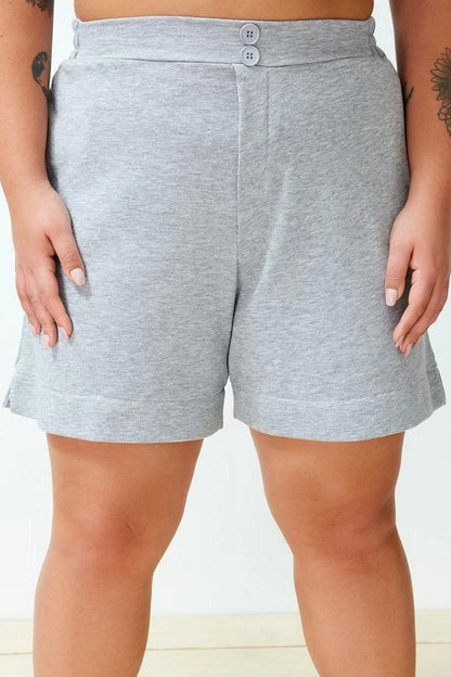 Plus Size Fashion Knitted High Waist Wide Leg Casual Gray Button Detailed Shorts Bermuda