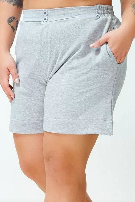 Plus Size Fashion Knitted High Waist Wide Leg Casual Gray Button Detailed Shorts Bermuda