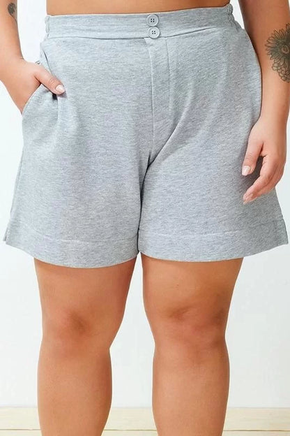 Plus Size Fashion Knitted High Waist Wide Leg Casual Gray Button Detailed Shorts Bermuda