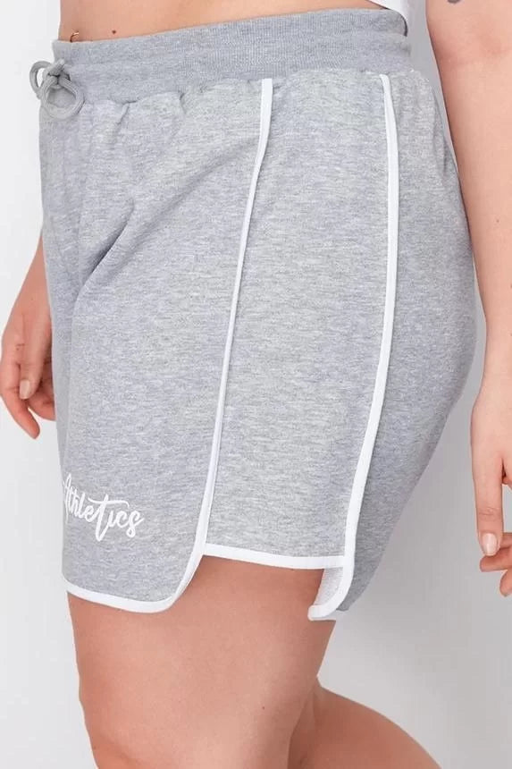 Plus Size Fashion Knitted High Waist Straight Leg Casual Gray Printed Piping Detailed Shorts Bermuda