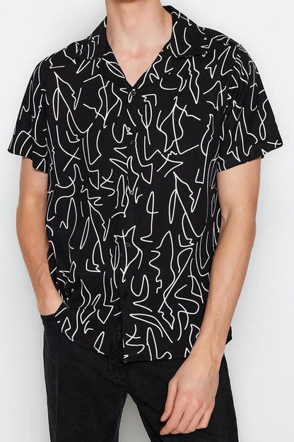 Stylish Geometric Pattern Open Collar Regular Fit Open Collar Short Sleeve Flowy Geometric Summer Shirt