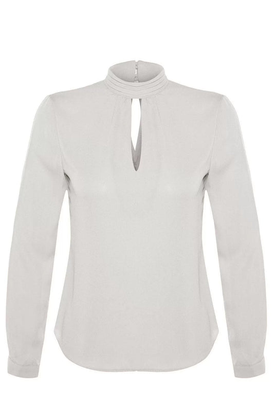 Fashion Choker Collar Woven Regular Plain Pattern Formal Regular Long Sleeve Blouse