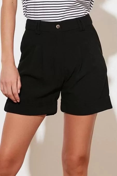 Fashion Woven High Waist Wide Leg Casual Black Woven Shorts with Turned Legs