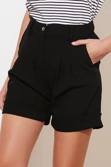 Fashion Woven High Waist Wide Leg Casual Black Woven Shorts with Turned Legs