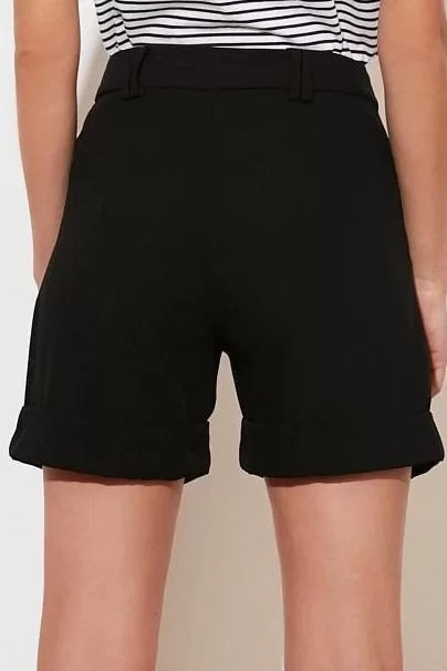 Fashion Woven High Waist Wide Leg Casual Black Woven Shorts with Turned Legs