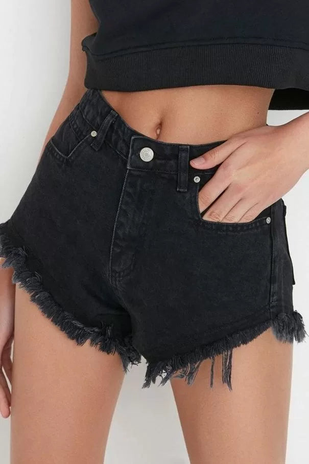 Fashion Denim Normal Waist Straight Leg Casual Gray Ripped Detail High Waist Denim Shorts