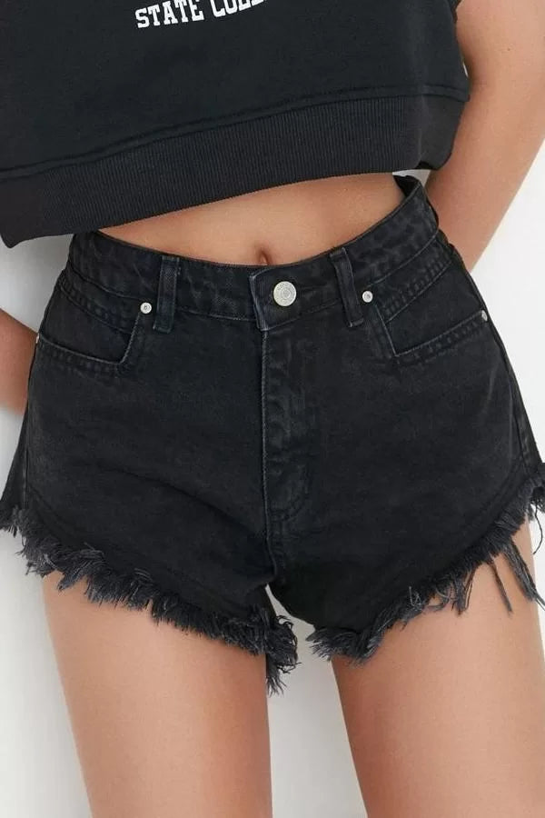 Fashion Denim Normal Waist Straight Leg Casual Gray Ripped Detail High Waist Denim Shorts