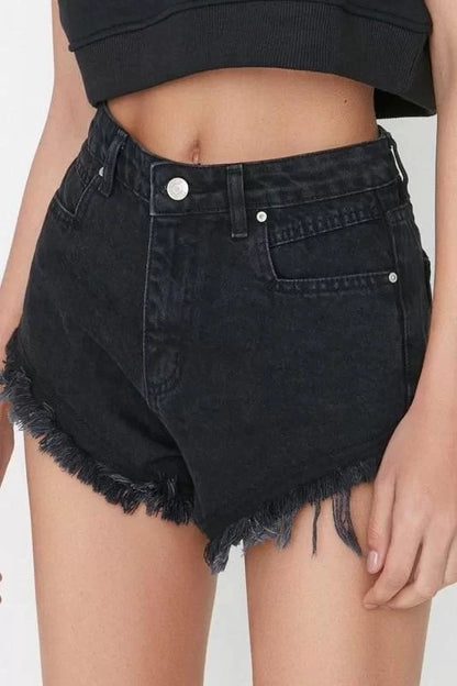 Fashion Denim Normal Waist Straight Leg Casual Gray Ripped Detail High Waist Denim Shorts