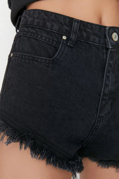 Fashion Denim Normal Waist Straight Leg Casual Gray Ripped Detail High Waist Denim Shorts