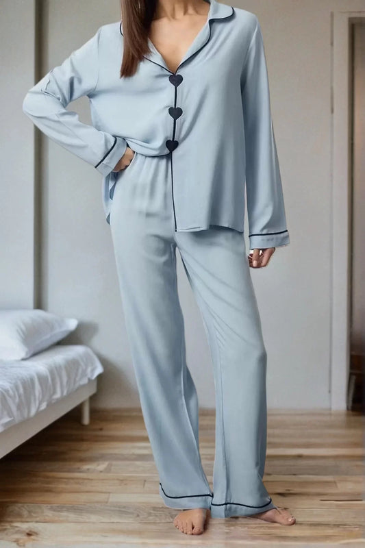 Women Fashion Stylish Shirt Collar Tube Leg Long Sleeve Heart-shaped Viscose Woven Pajama Set